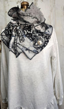 Load image into Gallery viewer, upcycled scarf, swag scarf, sweater scarf, cowl neck scarf, handmade scarf, couture trend, eco-conscious, josie t. designs, reclaimed textiles, repurposed textiles, repurposed fabric projects, DIY upcycled scarf, re-purposed fabric projects, textile art scarf, upcycled couture fabric neck cowl scarf, boho chic