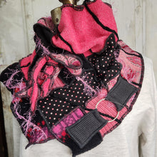 Load image into Gallery viewer, upcycled scarf, swag scarf, sweater scarf, cowl neck scarf, handmade scarf, couture trend, eco-conscious, josie t. designs, reclaimed textiles, repurposed textiles, repurposed fabric projects, DIY upcycled scarf, re-purposed fabric projects, textile art scarf, upcycled couture fabric neck cowl scarf, boho chic