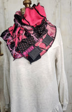 Load image into Gallery viewer, upcycled scarf, swag scarf, sweater scarf, cowl neck scarf, handmade scarf, couture trend, eco-conscious, josie t. designs, reclaimed textiles, repurposed textiles, repurposed fabric projects, DIY upcycled scarf, re-purposed fabric projects, textile art scarf, upcycled couture fabric neck cowl scarf, boho chic