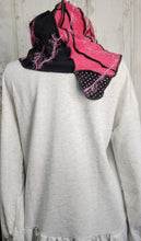 Load image into Gallery viewer, upcycled scarf, swag scarf, sweater scarf, cowl neck scarf, handmade scarf, couture trend, eco-conscious, josie t. designs, reclaimed textiles, repurposed textiles, repurposed fabric projects, DIY upcycled scarf, re-purposed fabric projects, textile art scarf, upcycled couture fabric neck cowl scarf, boho chic