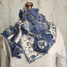 Load image into Gallery viewer, upcycled scarf, swag scarf, sweater scarf, cowl neck scarf, handmade scarf, couture trend, eco-conscious, josie t. designs, reclaimed textiles, repurposed textiles, repurposed fabric projects, DIY upcycled scarf, re-purposed fabric projects, textile art scarf, upcycled couture fabric neck cowl scarf, boho chic