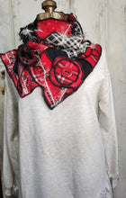 Load image into Gallery viewer, upcycled scarf, swag scarf, sweater scarf, cowl neck scarf, handmade scarf, couture trend, eco-conscious, josie t. designs, reclaimed textiles, repurposed textiles, repurposed fabric projects, DIY upcycled scarf, re-purposed fabric projects, textile art scarf, upcycled couture fabric neck cowl scarf, boho chic