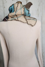 Load image into Gallery viewer, upcycled scarf, swag scarf, sweater scarf, cowl neck scarf, handmade scarf, couture trend, eco-conscious, josie t. designs, reclaimed textiles, repurposed textiles, repurposed fabric projects, DIY upcycled scarf, re-purposed fabric projects, textile art scarf, upcycled couture fabric neck cowl scarf, boho chic