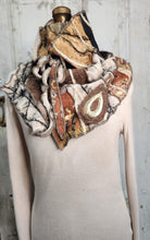 Load image into Gallery viewer, upcycled scarf, swag scarf, sweater scarf, cowl neck scarf, handmade scarf, couture trend, eco-conscious, josie t. designs, reclaimed textiles, repurposed textiles, repurposed fabric projects, DIY upcycled scarf, re-purposed fabric projects, textile art scarf, upcycled couture fabric neck cowl scarf, boho chic