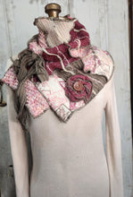 Load image into Gallery viewer, upcycled scarf, swag scarf, sweater scarf, cowl neck scarf, handmade scarf, couture trend, eco-conscious, josie t. designs, reclaimed textiles, repurposed textiles, repurposed fabric projects, DIY upcycled scarf, re-purposed fabric projects, textile art scarf, upcycled couture fabric neck cowl scarf, boho chic