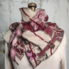 Load image into Gallery viewer, upcycled scarf, swag scarf, sweater scarf, cowl neck scarf, handmade scarf, couture trend, eco-conscious, josie t. designs, reclaimed textiles, repurposed textiles, repurposed fabric projects, DIY upcycled scarf, re-purposed fabric projects, textile art scarf, upcycled couture fabric neck cowl scarf, boho chic
