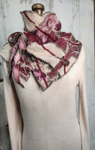 Load image into Gallery viewer, upcycled scarf, swag scarf, sweater scarf, cowl neck scarf, handmade scarf, couture trend, eco-conscious, josie t. designs, reclaimed textiles, repurposed textiles, repurposed fabric projects, DIY upcycled scarf, re-purposed fabric projects, textile art scarf, upcycled couture fabric neck cowl scarf, boho chic