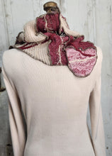 Load image into Gallery viewer, upcycled scarf, swag scarf, sweater scarf, cowl neck scarf, handmade scarf, couture trend, eco-conscious, josie t. designs, reclaimed textiles, repurposed textiles, repurposed fabric projects, DIY upcycled scarf, re-purposed fabric projects, textile art scarf, upcycled couture fabric neck cowl scarf, boho chic