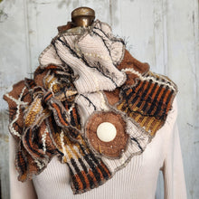 Load image into Gallery viewer, upcycled scarf, swag scarf, sweater scarf, cowl neck scarf, handmade scarf, couture trend, eco-conscious, josie t. designs, reclaimed textiles, repurposed textiles, repurposed fabric projects, DIY upcycled scarf, re-purposed fabric projects, textile art scarf, upcycled couture fabric neck cowl scarf, boho chic