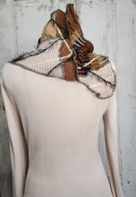 Load image into Gallery viewer, upcycled scarf, swag scarf, sweater scarf, cowl neck scarf, handmade scarf, couture trend, eco-conscious, josie t. designs, reclaimed textiles, repurposed textiles, repurposed fabric projects, DIY upcycled scarf, re-purposed fabric projects, textile art scarf, upcycled couture fabric neck cowl scarf, boho chic