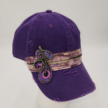 Load image into Gallery viewer, purple embellished baseball cap with fabric trim and zipper pin
