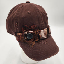 Load image into Gallery viewer, brown handmade embellished baseball cap with felt flower and button