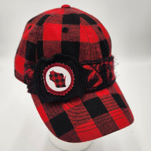 Load image into Gallery viewer, Show off your Wisconsin pride in style! This unique handmade hat features a classic red and black buffalo plaid, accented with a fun Wisconsin patch and a cozy, textured fabric detail on the front.