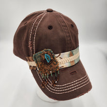 Load image into Gallery viewer, embellished handmade brown baseball cap with cream trim and teal accents
