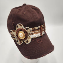 Load image into Gallery viewer, distressed chocolate brown baseball cap embellished with fabric trims, ribbons and buttons