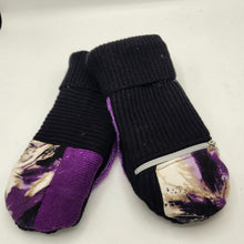 Load image into Gallery viewer, handmade purple and black sweater mittens with zipper pocket