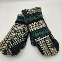 Load image into Gallery viewer, teal and black handmade sweater mittens with zipper pocket