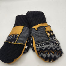 Load image into Gallery viewer, black and gold handmade sweater mittens with zipper pocket