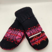 Load image into Gallery viewer, pink, purple, and black handmade sweater mittens with zipper pocket