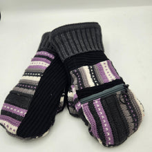 Load image into Gallery viewer, black, purple, gray, and white handmade sweater mittens with zipper pocket