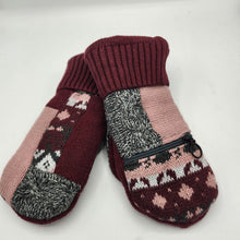Load image into Gallery viewer, pink, burgandy, black, and gray handmade sweater mittens with zipper pocket