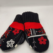 Load image into Gallery viewer, black, red, gray, and white handmade sweater mittens with floral print and zipper pocket