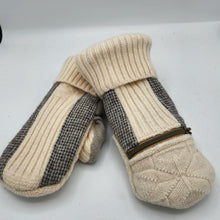 Load image into Gallery viewer, hounds tooth cream and brown handmade sweater mittens with zipper pocket