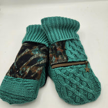Load image into Gallery viewer, teal and black handmade sweater mittens with zipper pocket