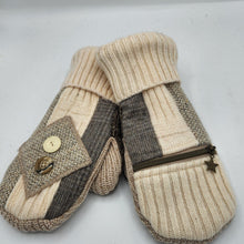 Load image into Gallery viewer, cream and brown handmade sweater wool mittens with zipper pocket