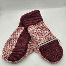 Load image into Gallery viewer, burgand,y, pink, and cream handmade sweater mittens with front zipper pocket