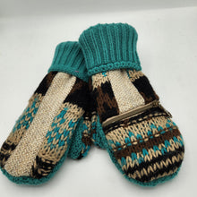 Load image into Gallery viewer, brown, cream, teal, black handmade sweater mittens with front zipper pocket