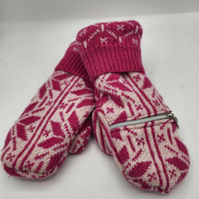 Load image into Gallery viewer, pink and white snowflake pattern handmade sweater mittens with zipper pocket
