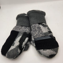 Load image into Gallery viewer, black and gray patchwork handmade sweater mittens with zipper pocket