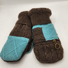 Load image into Gallery viewer, brown and teal handmade sweater mittens with zipper pocket