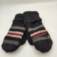 Load image into Gallery viewer, black, red, gray handmade sweater wool mittens with zipper pocket