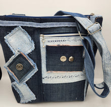 Load image into Gallery viewer, upcycled denim purse, handmade jean bag, patchwork crossbody bag, recycled denim handbag, eco-friendly fashion, sustainable denim purse, embroidered denim bag, boho denim purse, handcrafted denim accessories