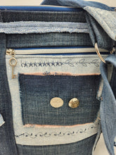 Load image into Gallery viewer, upcycled denim purse, handmade jean bag, patchwork crossbody bag, recycled denim handbag, eco-friendly fashion, sustainable denim purse, embroidered denim bag, boho denim purse, handcrafted denim accessories