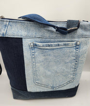 Load image into Gallery viewer, upcycled denim purse, handmade jean bag, patchwork crossbody bag, recycled denim handbag, eco-friendly fashion, sustainable denim purse, embroidered denim bag, boho denim purse, handcrafted denim accessories