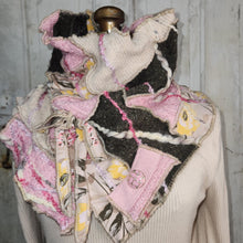 Load image into Gallery viewer, pink, olive green, tan handmade sweater cowl neck scarf with button embellishment
