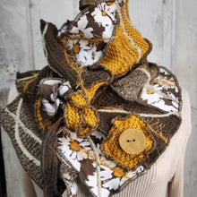 Load image into Gallery viewer, brown, white, and gold handmade sweater cowl neck scarf with wooden gold button