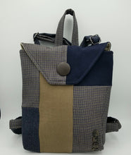 Load image into Gallery viewer, vintage backpack
patchwork backpack
retro backpack
upcycled backpack, womens backpack, backpack, boutique green bay, handmade purse recycled, mens suitcoat bag