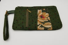 Load image into Gallery viewer, Green wristlet clutch
Handmade fabric purse
Floral fabric wristlet
Small clutch bag with zipper
Polka dot wristlet
Women's fabric handbag
Vintage style pouch
Boho wristlet purse
Zipper pouch clutch
Eco-friendly fabric pursewristlet purse, josie t. designs, handmade green bay, boutique green bay, women;s handbag