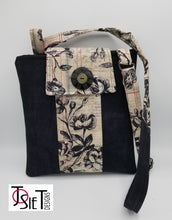 Load image into Gallery viewer, vintage floral crossbody bag, handmade script print purse, romantic shoulder bag, unique button closure bag, adjustable strap crossbody, artistic fabric handbag, black and ivory floral purse, handmade bag for women, bookish gift idea, retro inspired handbag
handmade purse, crossbody bag, womens handbag, boutique green bay, gift shops near me, shopping green bay, upcycled bag