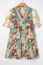 Load image into Gallery viewer, Multicolour Boho Floral Print Crochet Patchwork V Neck Loose Mini Dress
