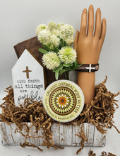Load image into Gallery viewer, Sympathy gift basket, cross bracelet, thinking of you gift basket, bath &amp; body basket
