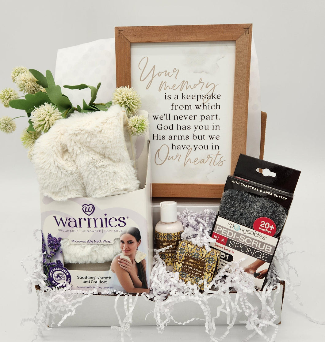 Your memory – plaque
Microwavable herbal neck wrap Lavender scented
Almond cocoa butter spa soap
Almond cocoa butter lotion
Pedi-scrub in a sponge
Each basket is beautifully gift wrapped
