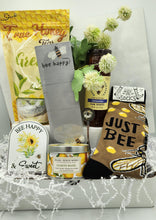 Load image into Gallery viewer, Send a sweet surprise with this bee-themed gift basket! Includes honey green tea, lavender honey, socks, lemon basil candle, and more. Perfect for birthdays, thank-you gifts &amp; bee lovers.
