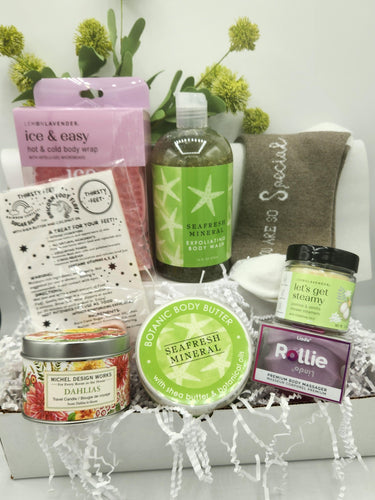 self-care gift box, spa gift set for women, relaxation gift basket, pampering gift ideas, wellness gift box, luxury spa box, stress relief gifts, at-home spa kit, gift box with shower steamers, body butter and candle set, gift baskets green bay, gift baskets local, 