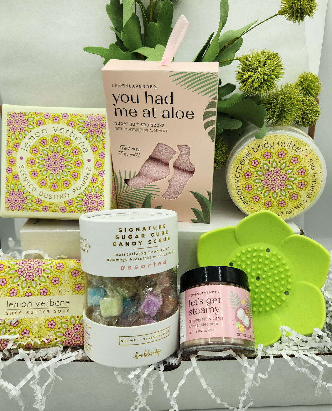 lemon lavender spa gift set, luxury self-care gift box, lemon verbena bath set, citrus spa kit for women, relaxing shower gift basket, moisturizing spa products, aloe vera spa socks, botanical body butter, sugar cube hand scrub, lemongrass citrus shower steamers, pampering gift for her, natural bath and body set, lemon scented body care, handmade spa gift basket.