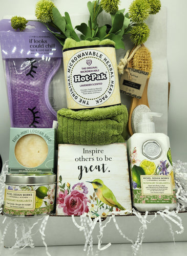 Self care gift box

Spa gift basket

Relaxation gift set

Wellness box for her

Lavender heat pack gift

Bath and body gift set

Inspirational gift box

Pampering gift basket

Birthday spa gift

Get well soon gift box